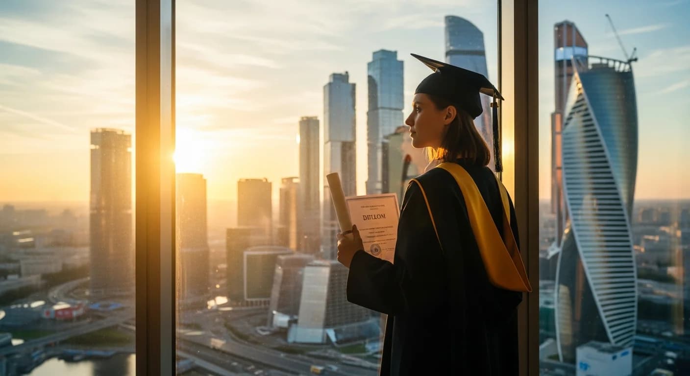 Person steht am Fenster und blickt auf eine moderne Skyline als Symbol für Zukunftsmöglichkeiten nach dem Abitur