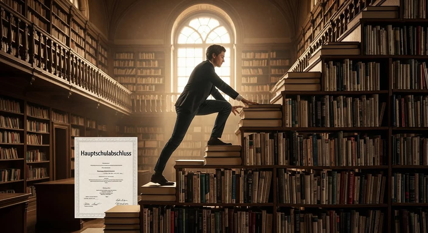 Bildungsaufstieg vom Hauptschulabschluss zum Abitur, symbolisiert durch Bücherstufen in einer Bibliothek