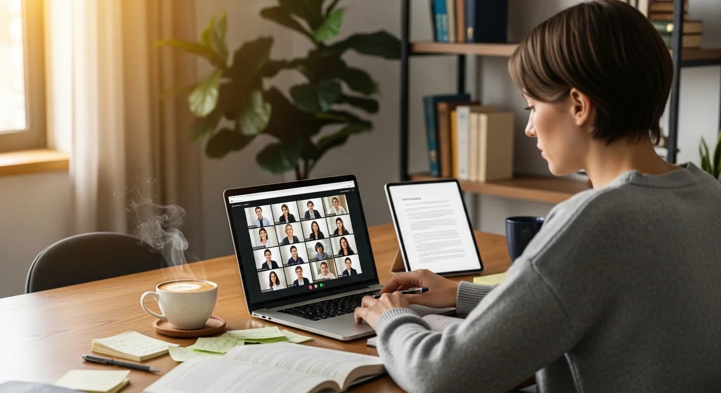 Person lernt am Laptop zu Hause für das Abitur Online, mit virtuellem Klassenzimmer auf dem Bildschirm