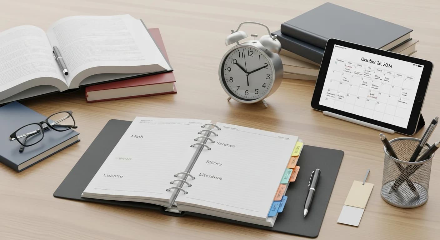 Kalender, Uhr und Lernmaterialien auf einem Schreibtisch zur Planung des Bildungswegs