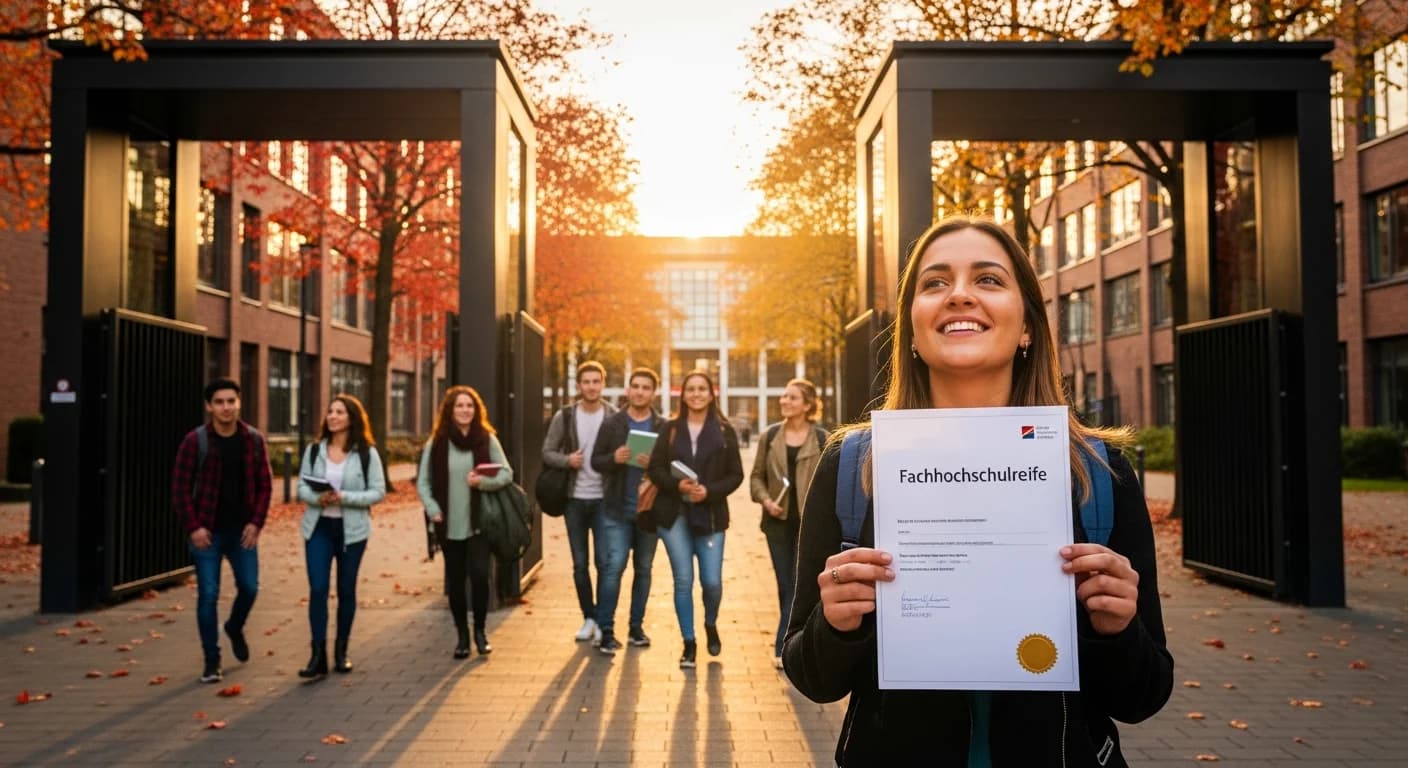 Moderner Hochschulcampus-Eingang mit jungen Erwachsenen, die zur Fachhochschule gehen