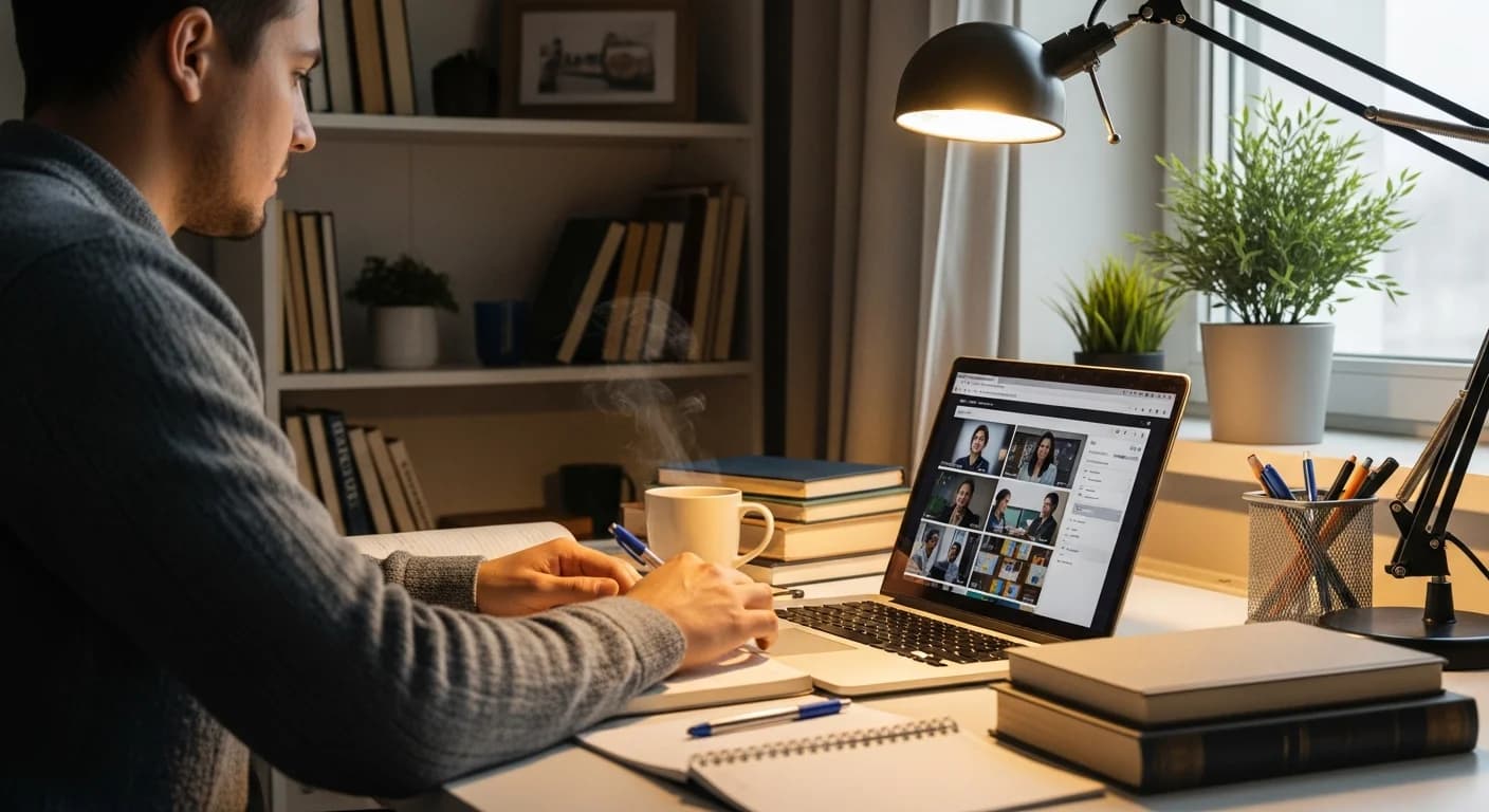 Gemütlicher Heimarbeitsplatz mit Laptop, Lehrmaterialien und Bücherregal für das Fernstudium zum Abitur