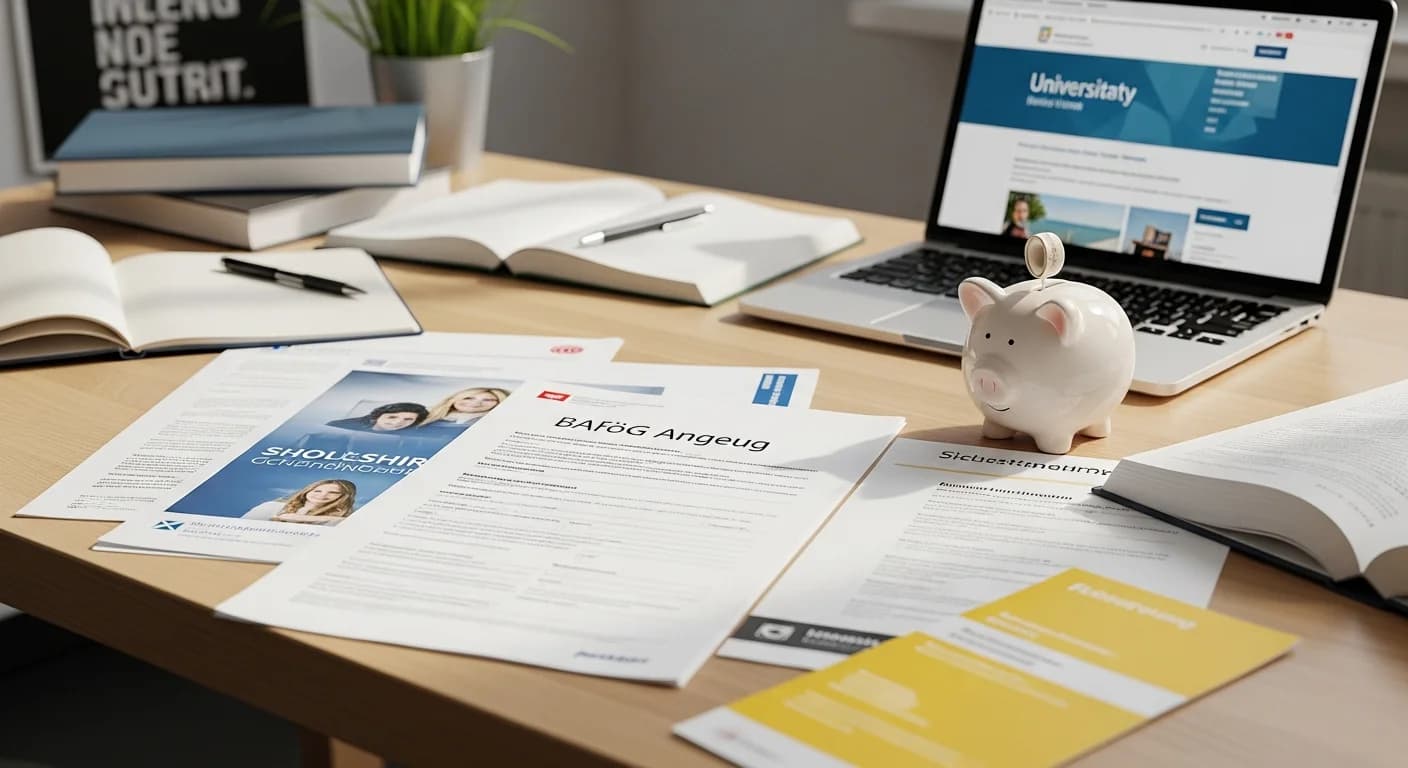 BAföG-Antrag, Stipendienunterlagen und Sparschwein neben Lernmaterialien auf einem Schreibtisch