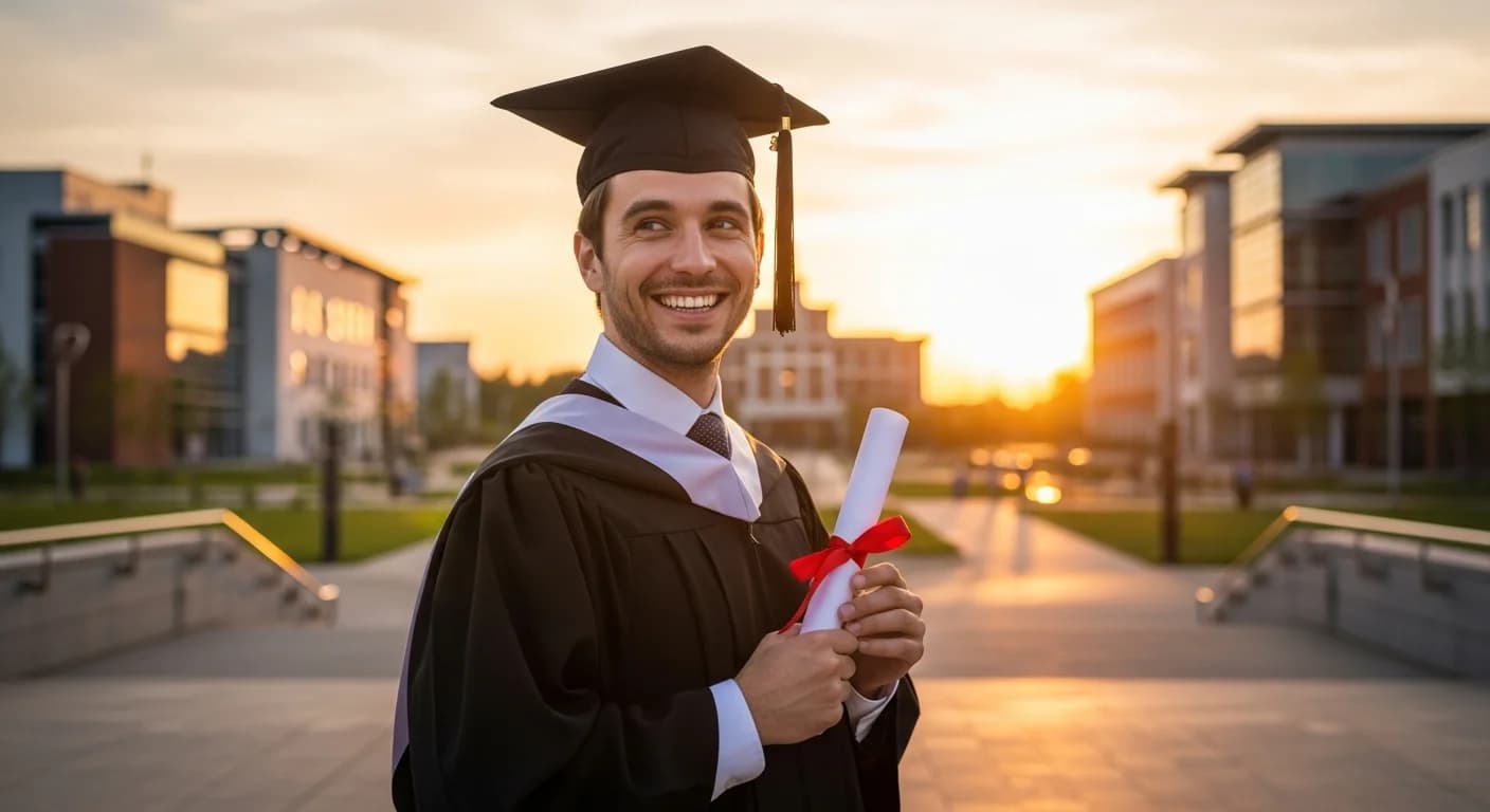 Glücklicher Absolvent mit Abiturzeugnis vor einem sonnigen Horizont als Symbol für Erfolg und Vorteile