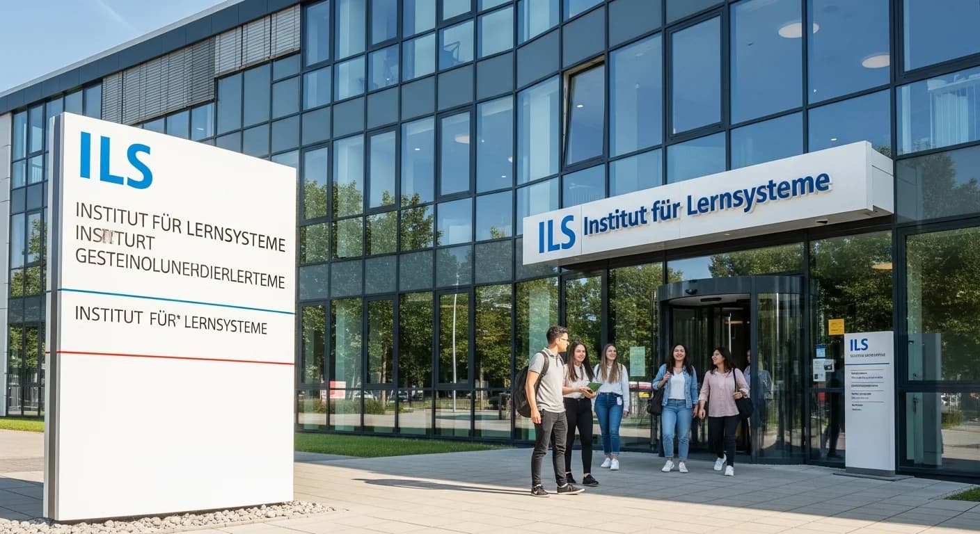 Modernes Gebäude eines Fernlehrinstituts mit professioneller Glasfassade und einladendem Eingang