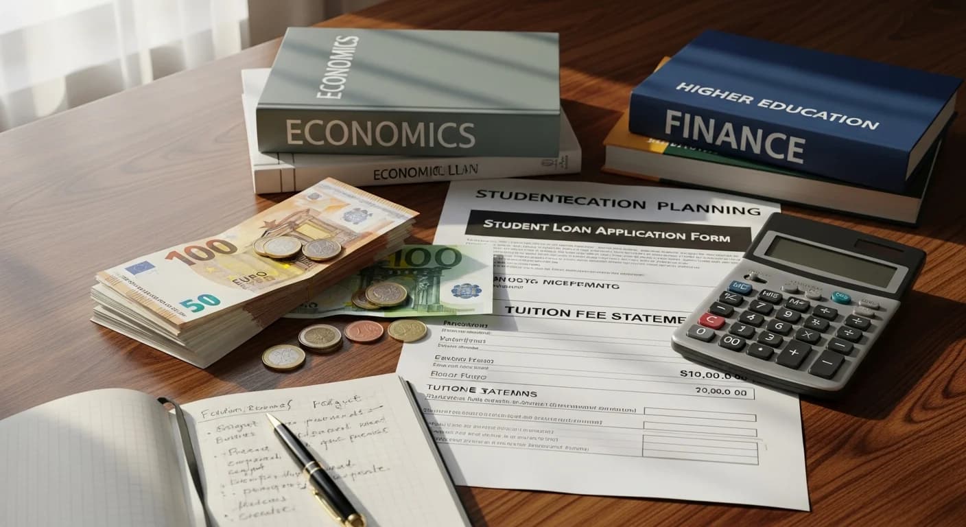 Euro-Banknoten und Münzen neben Lehrbüchern und einem Taschenrechner auf einem Schreibtisch