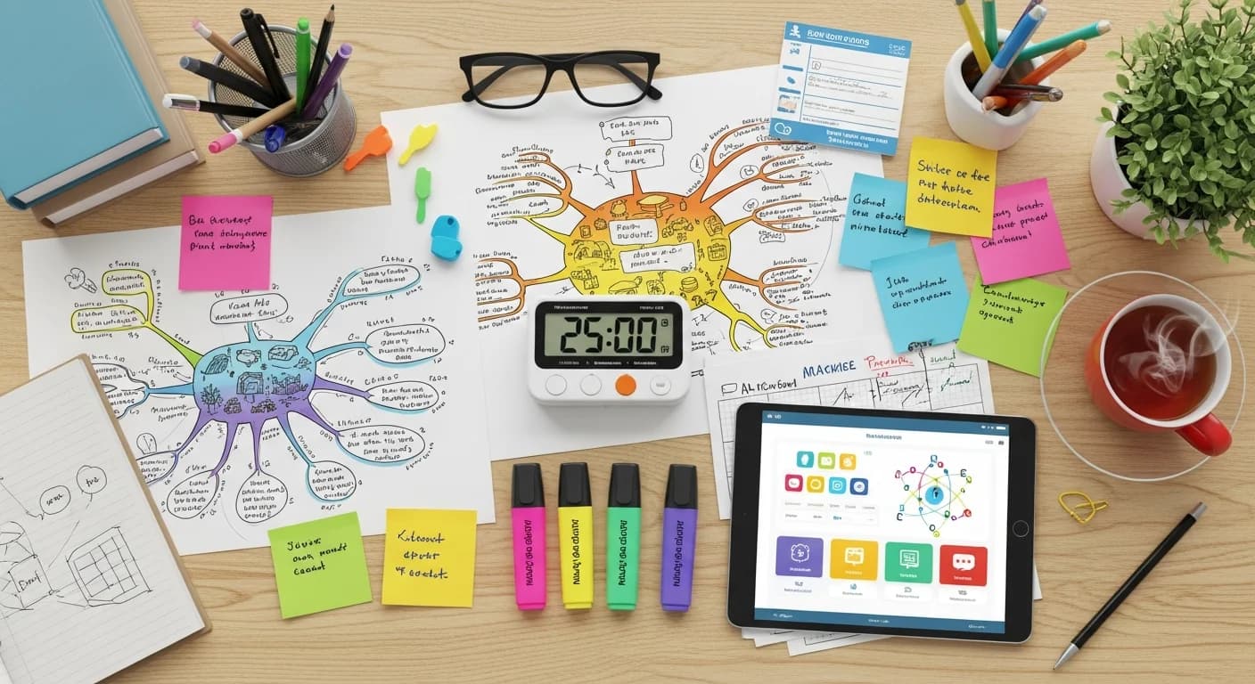 Organisierter Schreibtisch mit Lernhilfen: Mindmaps, Karteikarten, Textmarkern und einem Timer