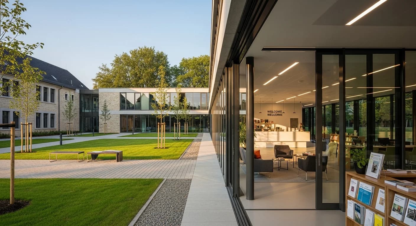 Professionelles Studienzentrum mit moderner Architektur und grünem Campus
