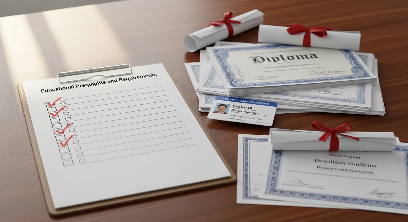 Checkliste auf einem Klemmbrett mit Häkchen neben Bildungsdokumenten und Zeugnissen