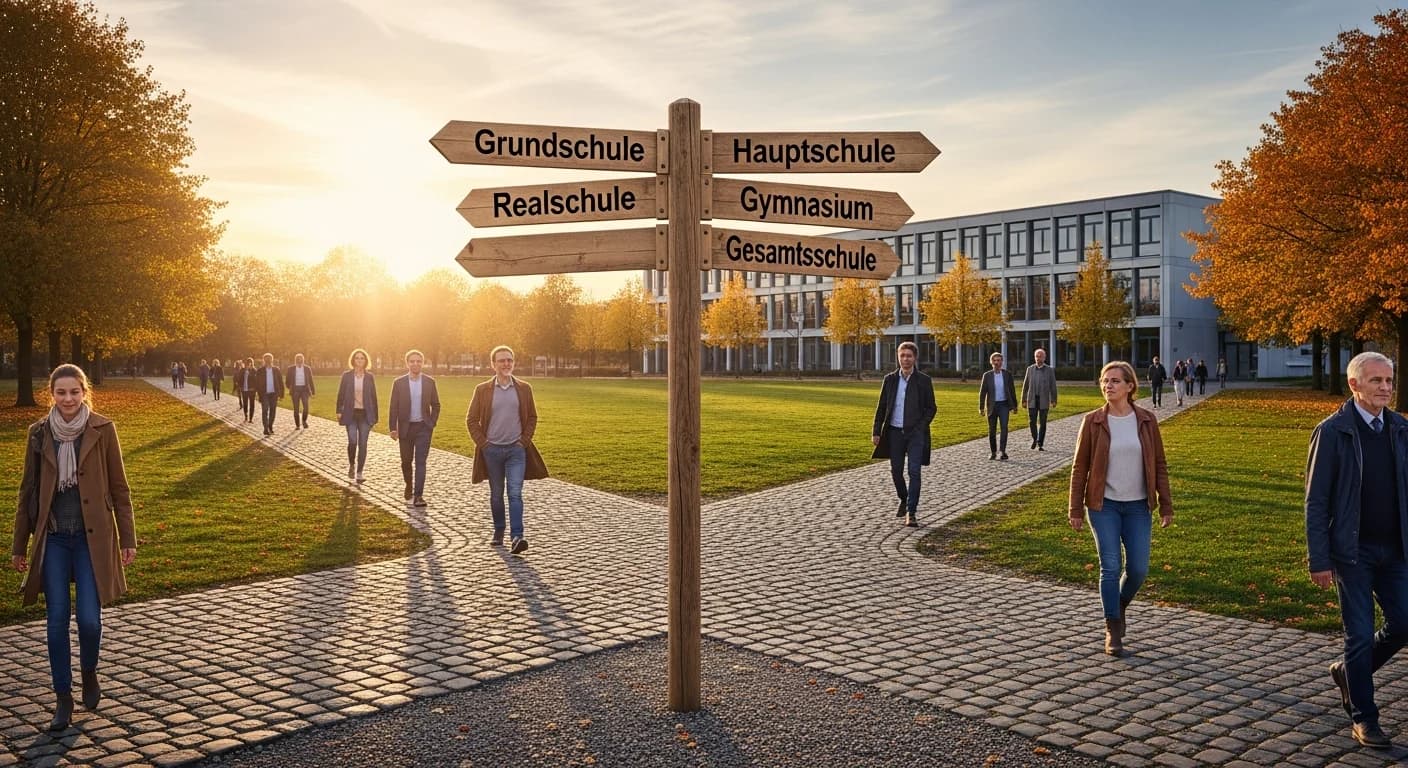 Verschiedene Bildungswege zum Abitur auf dem zweiten Bildungsweg, symbolisiert durch Wegkreuzungen mit Hinweisschildern zu verschiedenen Schulformen
