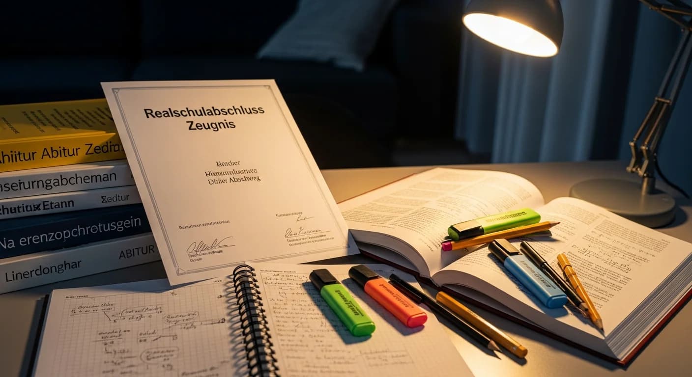 Lernmaterialien auf einem Schreibtisch mit Zeugnissen und Lehrbüchern für den Aufstieg vom Realschulabschluss zum Abitur