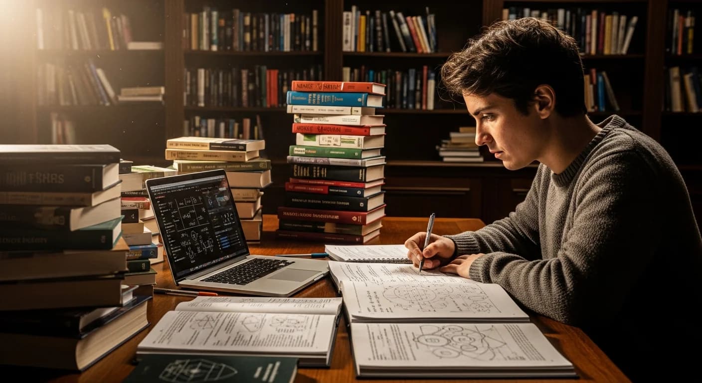 Anspruchsvolle akademische Lernumgebung mit Fachbüchern und wissenschaftlichen Materialien für die Begabtenprüfung