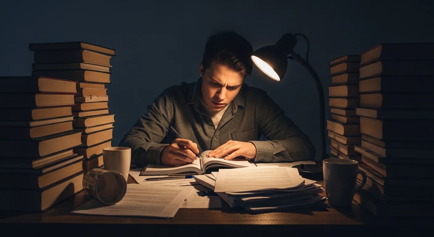 Entschlossene Person beim Lernen am Schreibtisch umgeben von Büchern und einer Schreibtischlampe am Abend