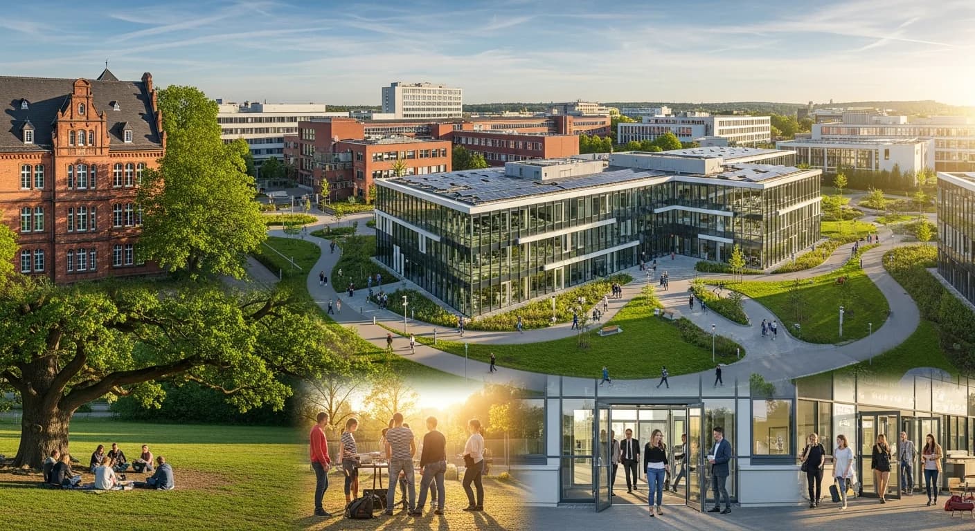 Panoramablick auf verschiedene deutsche Bildungseinrichtungen als Symbol für die Hintergründe des zweiten Bildungswegs