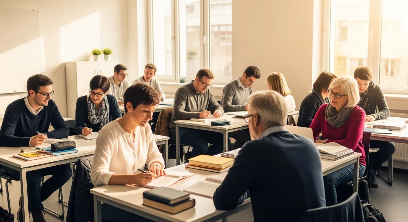Heller, moderner Klassenraum eines Kollegs mit erwachsenen Schülern beim gemeinsamen Lernen