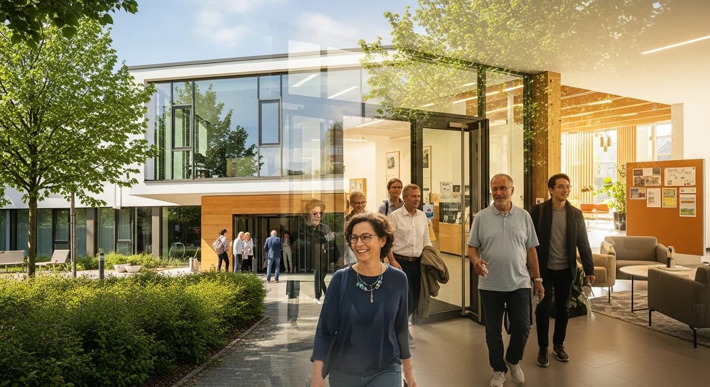 Einladende Volkshochschule mit moderner Architektur und erwachsenen Besuchern am Eingang