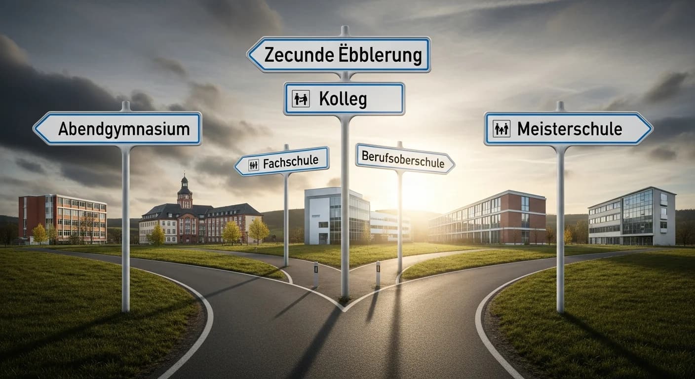 Straße teilt sich in mehrere Richtungen mit Bildungswegweisern zu verschiedenen Bildungseinrichtungen