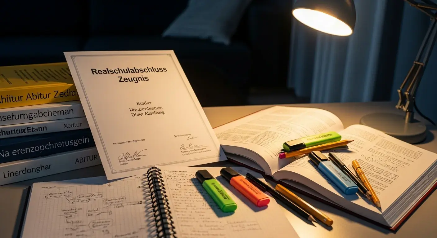 Zeugnis über den mittleren Schulabschluss neben Lehrbüchern auf einem Schreibtisch