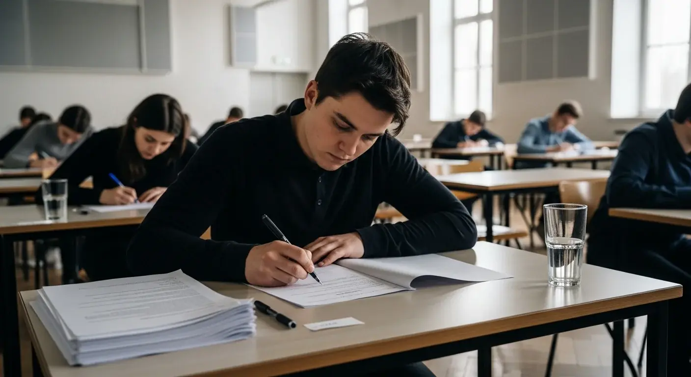 Prüfungssaal mit Einzeltischen während einer schriftlichen Abiturprüfung
