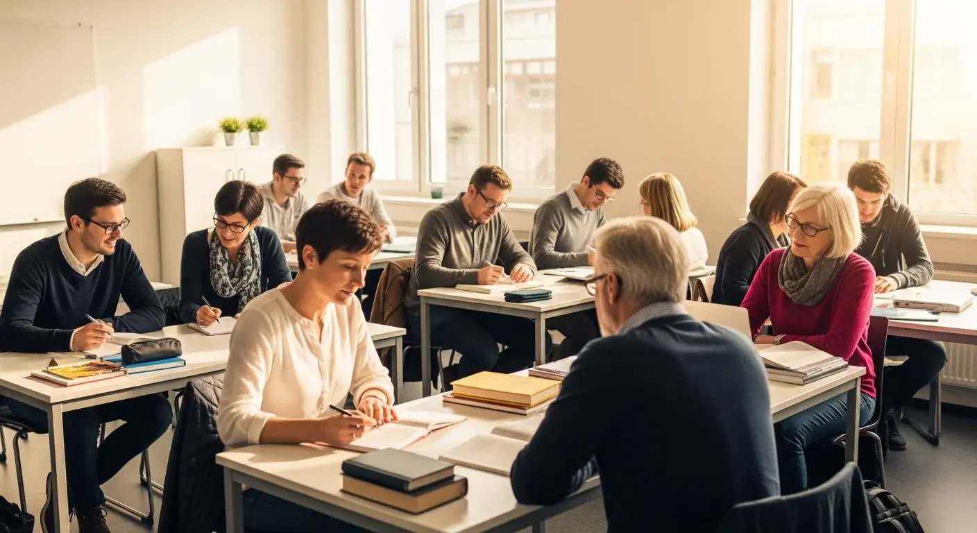 Heller Klassenraum eines Kollegs mit erwachsenen Lernenden am Vormittag