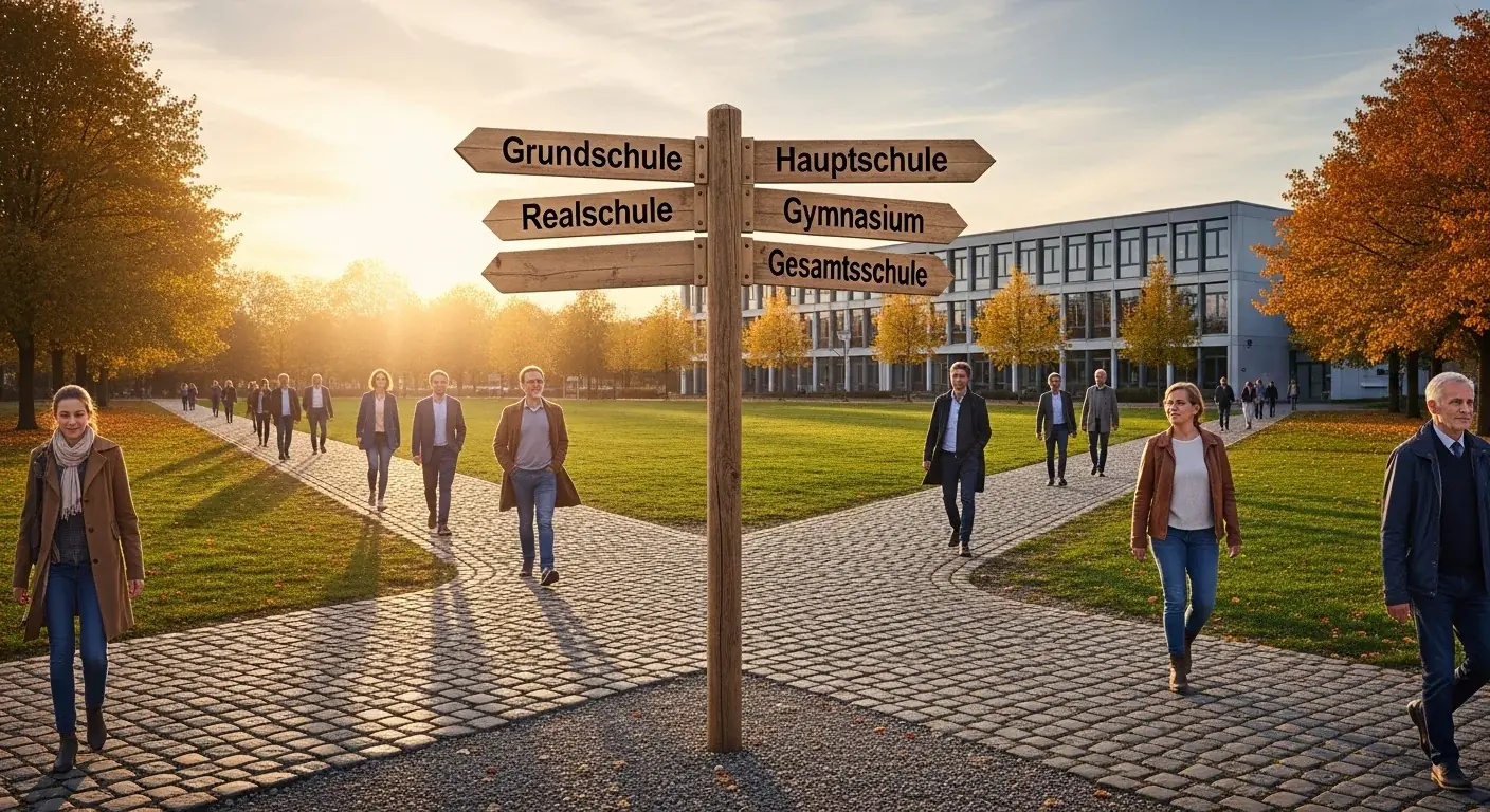 Wegkreuzung mit Hinweisschildern zu Abendgymnasium, Kolleg, Volkshochschule und Externenprüfung